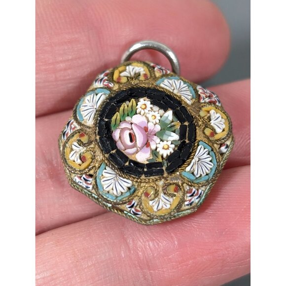 Vintage Italian Micro Mosaic Pendant Pink Rose Flower Square Brass Daisy - Picture 10 of 11